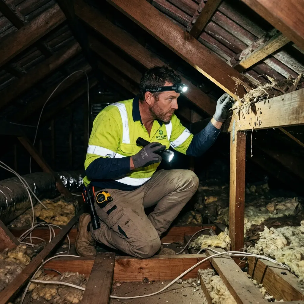 Technician inspecting a Williamstown subfloor void for a deceased cat